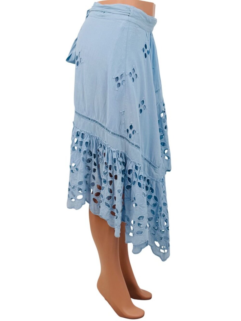 Free People Blue Eyelet Tie Waist Midi Wrap Skirt L | Coastal Boho Cottagecore - Picture 9 of 16